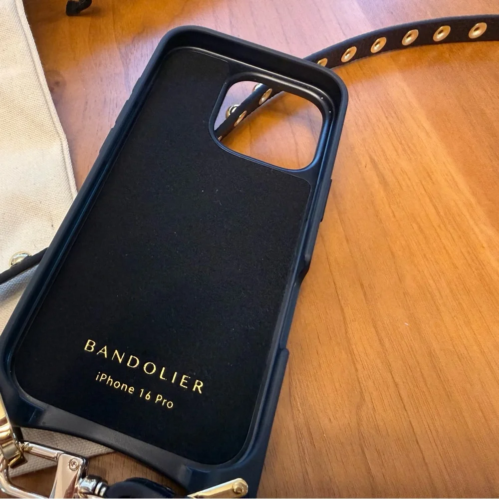 16 Pro Bandolier Black Leather Crossbody Phone Case with Gold Stud Strap